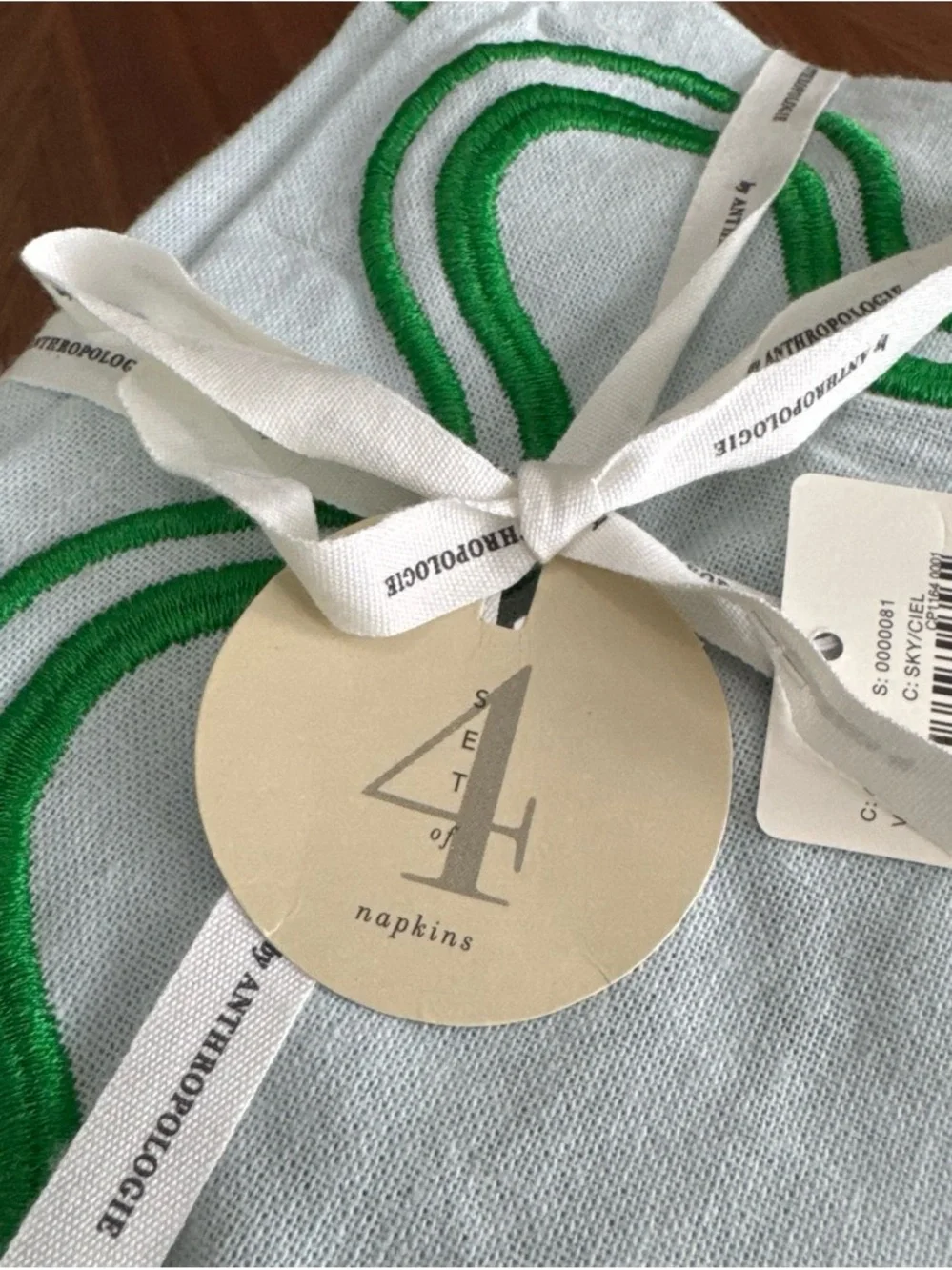 Anthropologie Light Blue Linen Napkins with Green Embroidered Trim - Set of 4